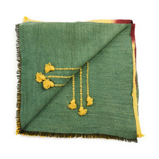 This is a green throw blankets by Anjali Purohit called avocado green multi color warm hues hand woven hand knotted textured merino throw in standard