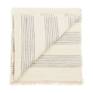 This is a white throw blankets by Anjali Purohit called silica chalk off white and gray stripes pattern soft handwoven merino throw in standard