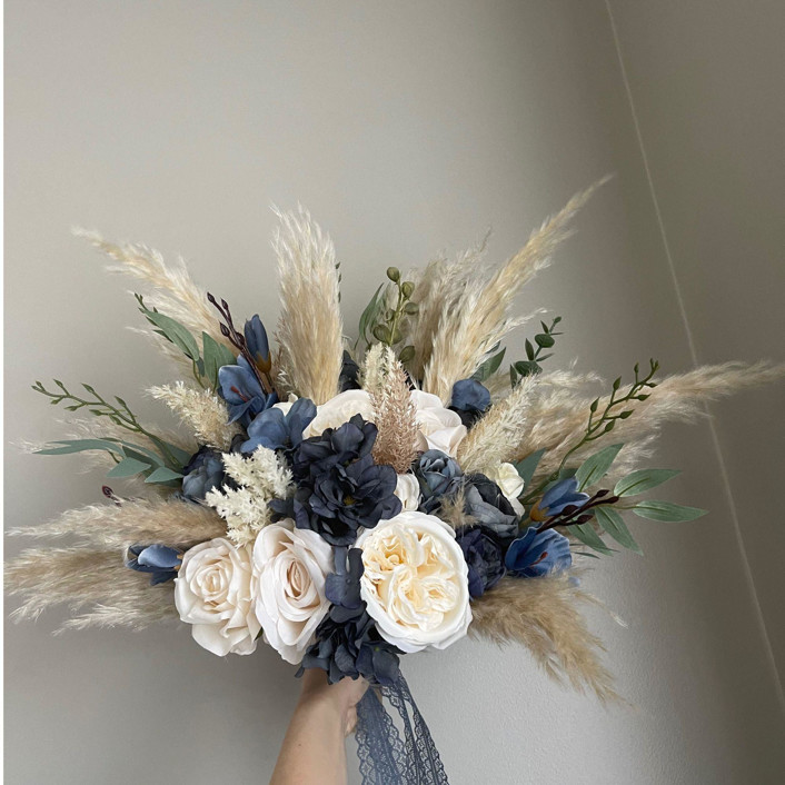 Pampas Ivory Dusty Blue Bridal Bouquet