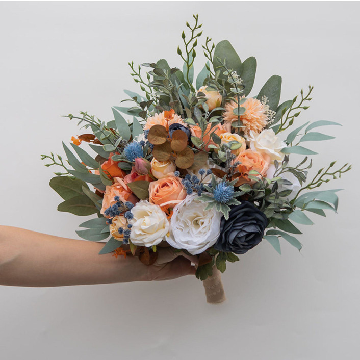 Orange Dusty Blue Bridesmaids Bouquet