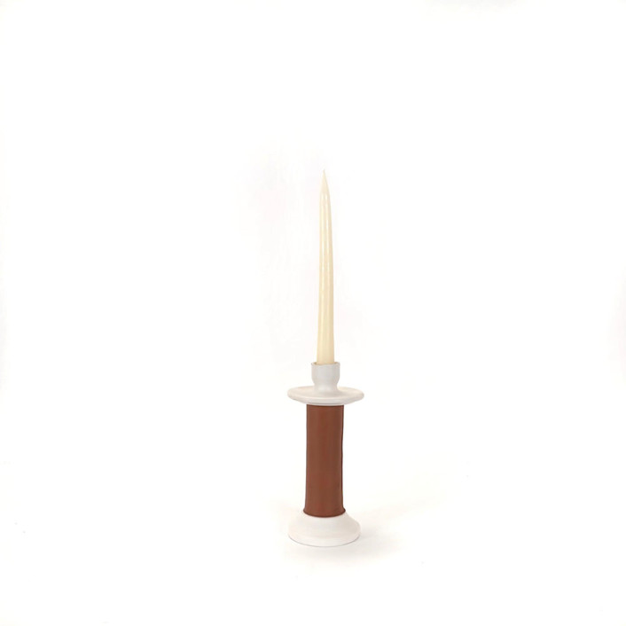 Handcrafted Leather-Wrapped Candle Holder - White/Short