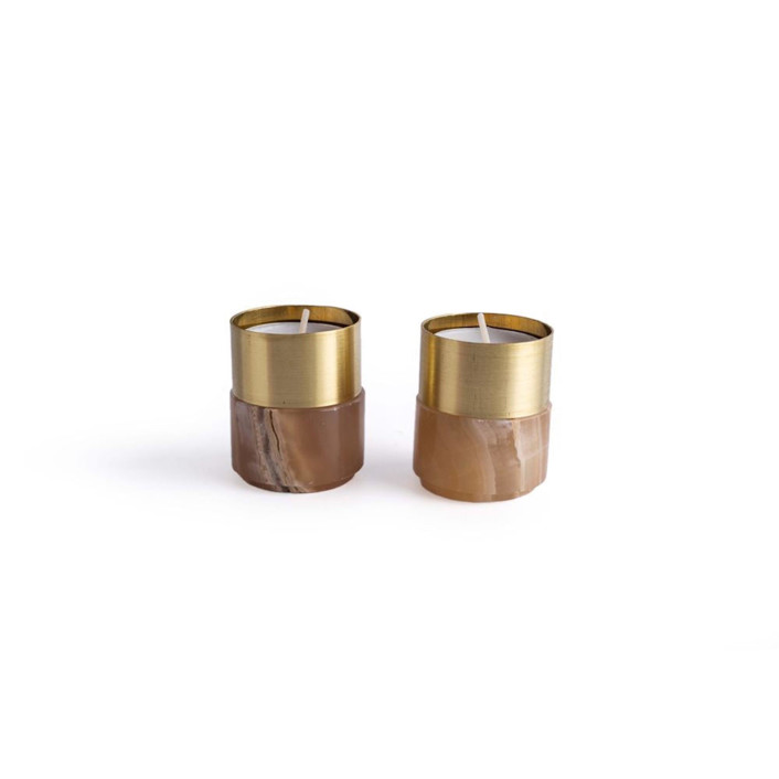 Elegant Brass Candle Holder with Amber Alabaster Finish