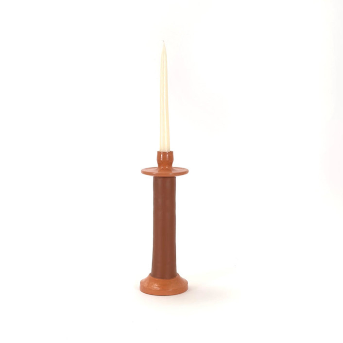 Handcrafted Leather-Wrapped Candle Holder - Moroccan Design - Brown/Tall