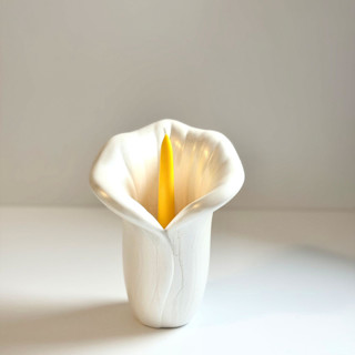 This is a white candles and candle holders by Over By The Moon called white calla lily candle holder with yellow taper in standard