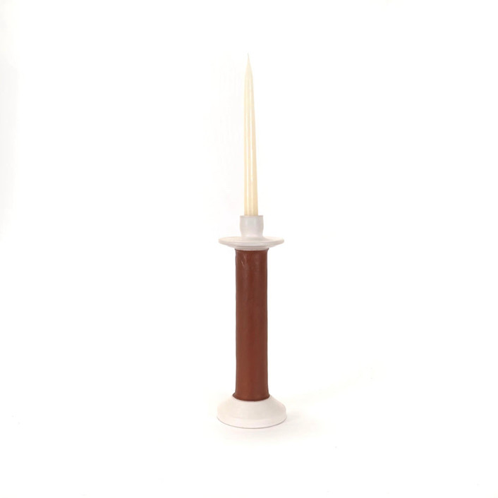 Handcrafted Leather-Wrapped Candle Holder from Morocco - White/Tall