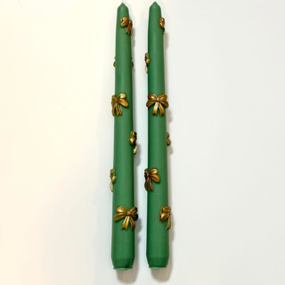 This is a multicolor candles and candle holders by Over By The Moon called green and gold ribbons taper set in standard