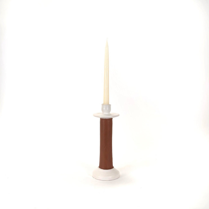 Elegant Leather-Wrapped Candle Holder - Handmade in Morocco - White/Medium