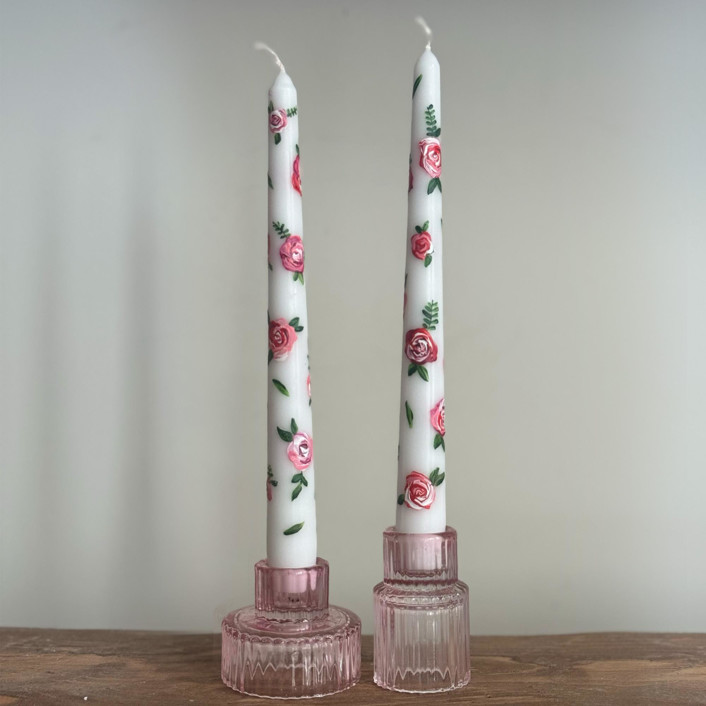 White with Pink and Red Roses Floral Hand-Painted Taper Candles, Set of 2