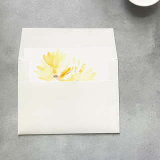 This is a yellow wedding envelopes by Cotton and Bow called floral sunflower watercolor square envelope liner | set of 10 | for 5x7” invitations  in standard