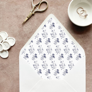 This is a blue wedding envelopes by Cotton and Bow called navy floral toile envelope liner | set of 10 | for 5x7” invitations in standard