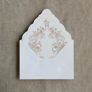 This is a beige wedding envelopes by Ivory Invitations called french rose lace cashmere  envelope liner for a7 euro flap envelope | pack of 10 in standard