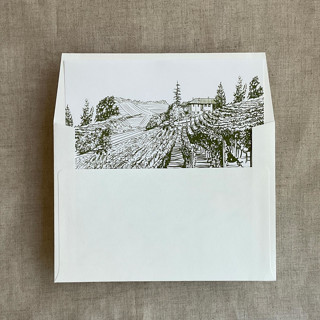 This is a green wedding envelopes by Ivory Invitations called vineyard landscape sketch moss printed envelope liner for a7 square flap envelope | pack of 10 in standard