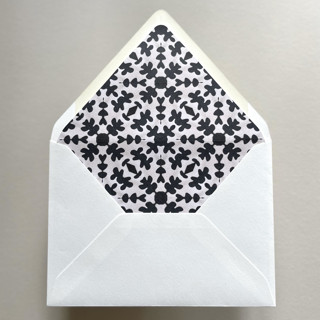 This is a black wedding envelopes by Renée Stramel called a7 euro flap envelope liners | isabella| in black & cream | pack of 10 in standard