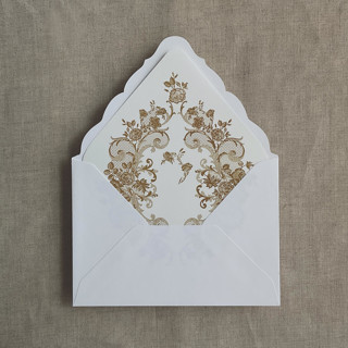 This is a gold wedding envelopes by Ivory Invitations called french rose lace gold envelope liner for a7 euro flap envelope | pack of 10 in standard