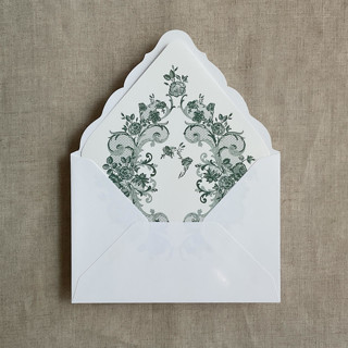 This is a green wedding envelopes by Ivory Invitations called french rose lace forest green envelope liner for a7 euro flap envelope | pack of 10 in standard