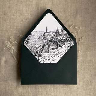 This is a black wedding envelopes by Ivory Invitations called vineyard landscape sketch black printed envelope liner for a7 euro flap envelope | pack of 10 in standard