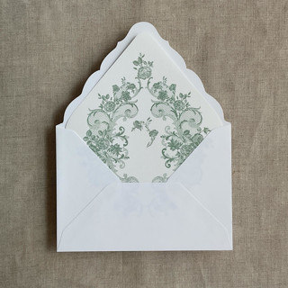 This is a green wedding envelopes by Ivory Invitations called french rose lace sage envelope liner for a7 euro flap envelope | pack of 10 in standard