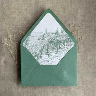 This is a green wedding envelopes by Ivory Invitations called vineyard landscape sketch sage printed envelope liner for a7 euro flap envelope | pack of 10 in standard