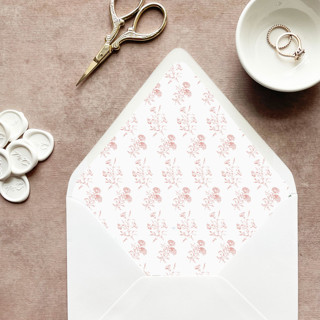 This is a pink wedding envelopes by Cotton and Bow called blush pink floral toile envelope liner | set of 10 | for 5x7” invitations in standard