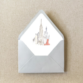 This is a multicolorassorted-colors wedding envelopes by Cotton and Bow called new york city empire state building watercolor euroflap envelope liner | set of 10 | for 5x7” invitations in standard
