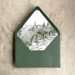 This is a green wedding envelopes by Ivory Invitations called vineyard landscape sketch moss printed envelope liner for a7 euro flap envelope | pack of 10 in standard