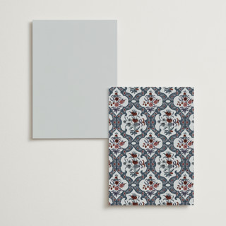 This is a french blue menu cards with standard by Jennifer Postorino called ariah printing on signature in standard