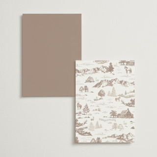 This is a leather menu cards with standard by Jenna Holcomb called mountain ranch toile printing on signature in standard