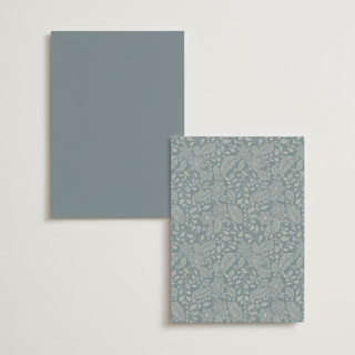 This is a dusty blue menu cards with standard by Jen Owens called embroidered printing on signature in standard