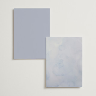 This is a dusty blue menu cards with standard by Cass Loh called watercolor flowers crest printing on signature in 5x7