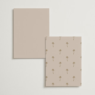 This is a tan menu cards with foil pressed by lulu and isabelle called sunset by the sea printing on signature in standard