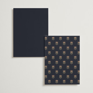 This is a navy menu cards with foil pressed by Jessica Beck called botanical tapestry printing on signature in standard