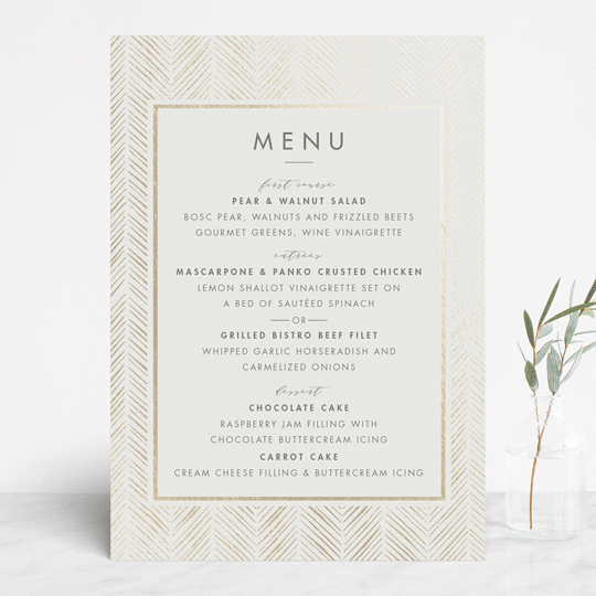 elegant herringbone FoilPressed Menus by Carolyn Nicks Minted