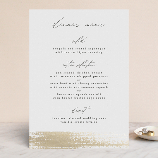 Brushed Accent Foil-Pressed Menus by Kelly Schmidt | Minted