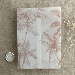 This is a beige vellum wedding invitations by Ivory Invitations called palm trees beach side cashmere printed vellum wrap for 5x7 card | pack of 10 in standard