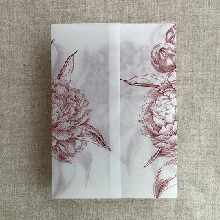 This is a red vellum wedding invitations by Ivory Invitations called burgundy etched grand peony floral printed vellum wrap for 5x7 card  | pack of 10 in standard