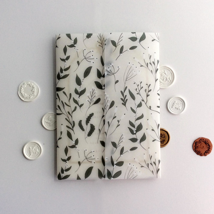 White frosted wild berries leafy branches printed vellum wrap for 5x7 card | pack of 10
