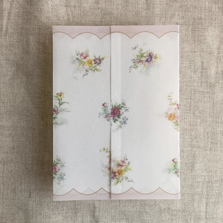 This is a pink vellum wedding invitations by Ivory Invitations called clara pink scallop floral edge printed vellum wrap for 5x7 card | pack of 10 in standard