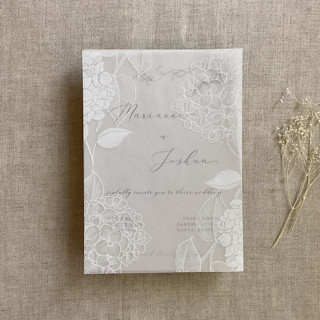 This is a white vellum wedding invitations by Ivory Invitations called hydrangea white ink print vellum overlay for 5x7 card | pack of 10 in standard