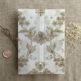 This is a natural vellum wedding invitations by Ivory Invitations called venetian floral lace hazelnut color printed vellum wrap for 5x7 card  | pack of 10 in standard