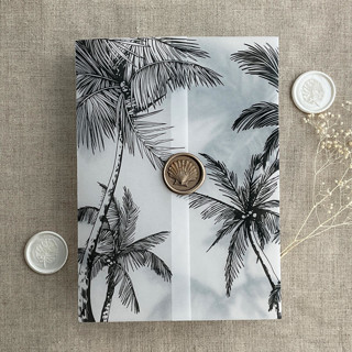 This is a black vellum wedding invitations by Ivory Invitations called palm trees beach side black printed vellum wrap for 5x7 card | pack of 10 in standard