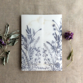 This is a blue vellum wedding invitations by Ivory Invitations called marin english botanical garden floral vellum wrap for 5x7 card | pack of 10 in standard