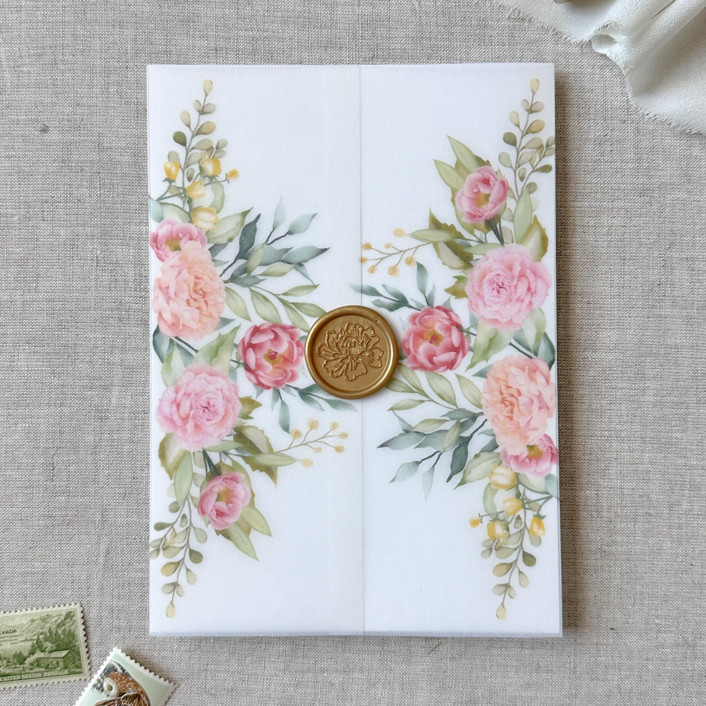 Blush and pink florals vellum jacket | Set of 10