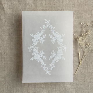 This is a white vellum wedding invitations by Ivory Invitations called french floral crest white ink print vellum overlay for 5x7 card | pack of 10 in standard