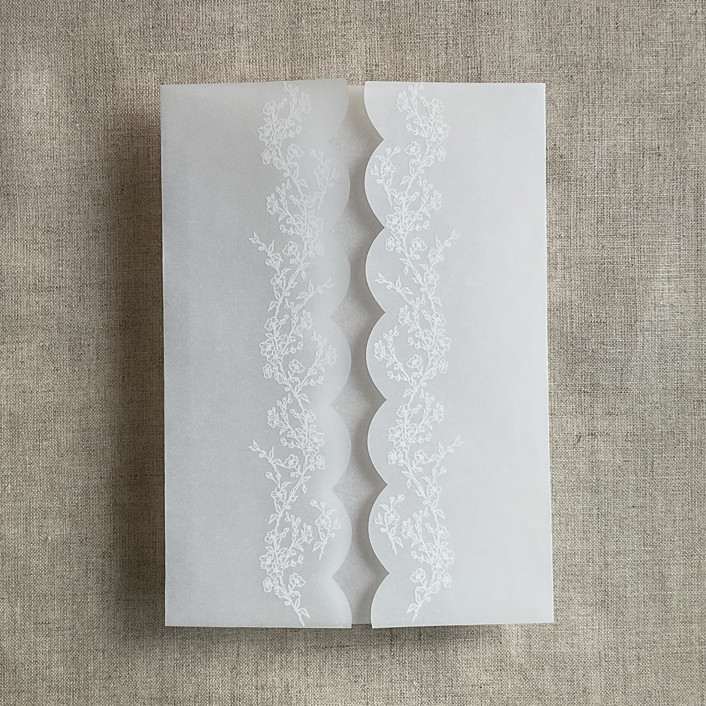 White floral printed scallop edge vellum wrap for 5x7 card | pack of 10