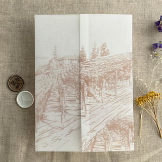 This is a beige vellum wedding invitation by Ivory Invitations called Cashmere vineyard landscape sketch printed vellum wrap for 5x7 card | pack of 10 in standard.