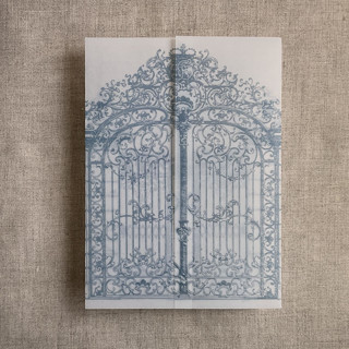 This is a blue vellum wedding invitations by Ivory Invitations called steel blue vintage style arched gate to the palace gardens vellum wrap for 5x7 card | pack of 10 in standard