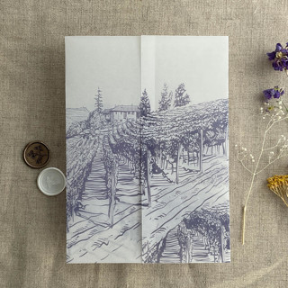 This is a purple vellum wedding invitations by Ivory Invitations called lavender vineyard landscape sketch printed vellum wrap for 5x7 card | pack of 10 in standard