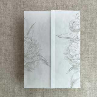 This is a gray vellum wedding invitations by Ivory Invitations called oyster etched grand peony floral printed vellum wrap for 5x7 card  | pack of 10 in standard