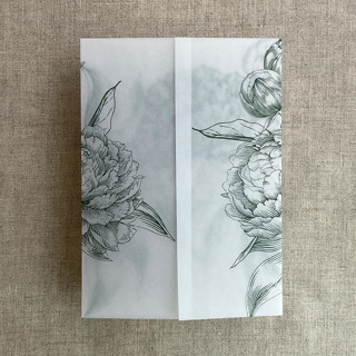 This is a green vellum wedding invitations by Ivory Invitations called forest etched grand peony floral printed vellum wrap for 5x7 card  | pack of 10 in standard