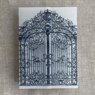 This is a blue vellum wedding invitations by Ivory Invitations called marin blue vintage style gate to the palace gardens vellum wrap for 5x7 card | pack of 10 in standard